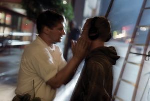 Marc Headley caught on camera engaging a crew member, Church of Scientology film studio, Southern California, 1998