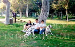 Marc and Claire relaxing in a park with family and their Dalmatians
