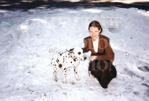 Claire with her Dalmatian for a white Christmas